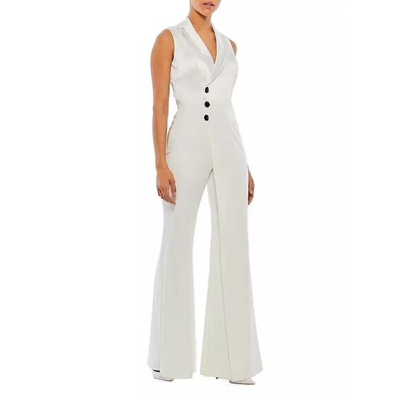 Mac Duggal 26603 White V-Neck Collar Single Breasted Wide Leg Formal Jumpsuit 4 - Picture 1 of 8